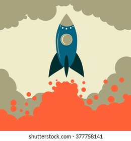 Retro rocket vector start up business. Retro space. Retro vector. The rocket takes off. Rocket vector. A rocket engine works. The power and strength of rockets.