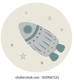 Retro rocketship in front of a circle in space.  Transparent background in vector file (behind circle)