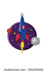 Retro rocketship with planets and stars. Editable Clip Art.