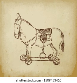 Retro rocking toy donkey or horse on wheels sketch vector illustration. Vintage toys drawn by hands sketch ink pen on a beige old paper background.