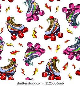 Retro roller derby skates with the lightning strikes seamless pattern. Vector illustration. Fun disco background design.