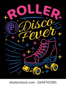 Retro Roller Disco Fever T-Shirt Design with Neon Skate and Stars