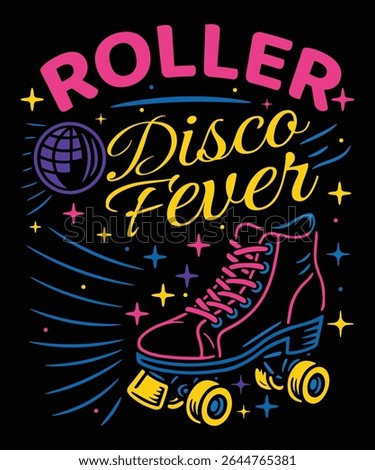 Retro Roller Disco Fever T-Shirt Design with Neon Skate and Stars