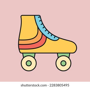 Retro roller skate concept. Equipment for sports and outdoor activities, leisure. Youth and energy, trend. Era hippie, positive and optimism. Vintage sticker. Cartoon flat vector illustration