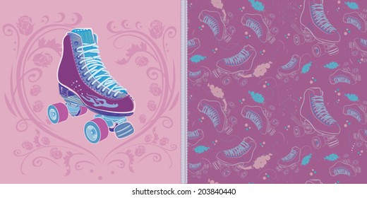 Retro Roller Skate And Grunge Texture Background. Seamless pattern of roller skate. 