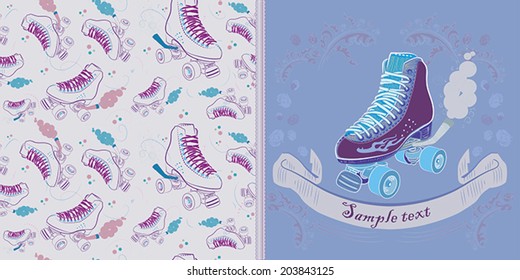 Retro Roller Skate And Grunge Texture Background. Seamless pattern of roller skate. 