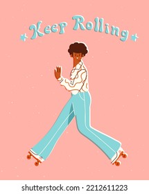 Retro Roller Skater With Afro Wearing Flare Pants. Vector Illustration Of A Young Man Enjoying 70s Style Hobby. Roller Disco Concept.