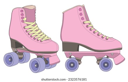 Retro roller skates. Footwear for outdoor activities. Color scheme of the model of roller skates from the front and inside. Detailed drawing.