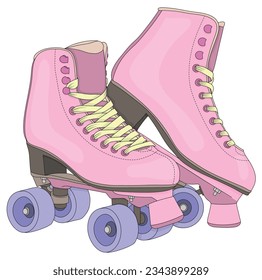 Retro roller skates. Footwear for outdoor activities. Color scheme of the model of roller skates from the front and inside. Detailed drawing.