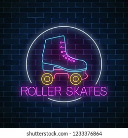 Retro roller skates glowing neon sign in circle frame on dark brick wall background. Skate zone symbol in neon style. Roller skates rent logo. Vector illustration.