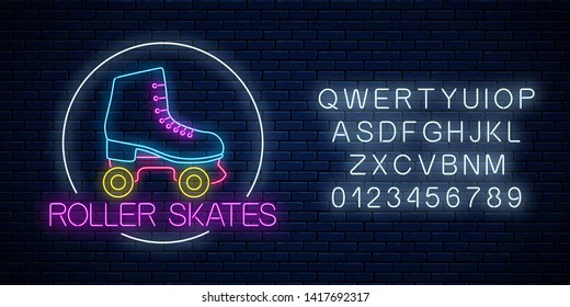 Retro roller skates glowing neon sign in circle frame with alphabet on dark brick wall background. Skate zone symbol in neon style. Roller skates rent logo. Vector illustration.