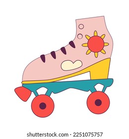 Retro roller skates icon patterned with sun and cloud. Vintage pink shoes in psychedelic 1970 style. Romantic activity vibe. Vector illustration.