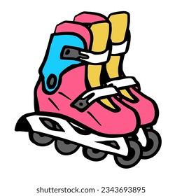 Retro roller skates isolated on white background, vector doodle 80s, 90s styled illustration. Old fashioned  sport item for  flyer, poster, cover design.