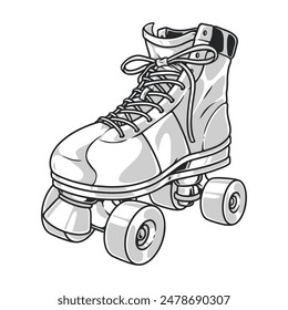 Retro roller skates monochrome sticker with four wheels on high sneakers for quickly moving around city vector illustration