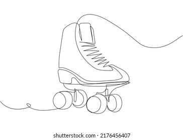 Retro roller skates one line art. Continuous line drawing of sport, shoes, skating, speed, rollerskating, retro, exercise, footwear, hobby, training, activity, sporty, athlete, training.