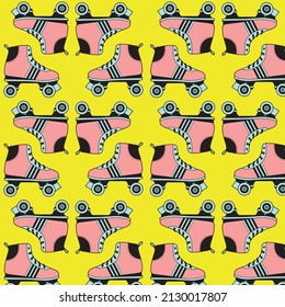 Retro roller skates pattern on yellow background. 90's style theme pattern