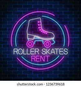 Retro roller skates rent glowing neon sign in circle frame on dark brick wall background. Skate zone symbol in neon style. Vector illustration.