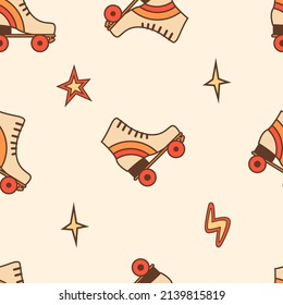 Retro roller skates with stars in comic style. Vintage background with rollerblades. Cartoon seamless pattern with 70s 80s inspired nostalgia inline skating boots. Vector illustration.