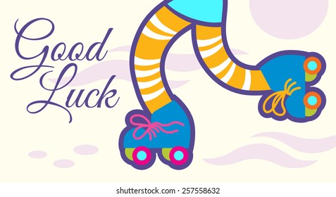 Retro roller skates vector illustration, good luck phrase. EPS 10, no transparency, no gradients, no meshes