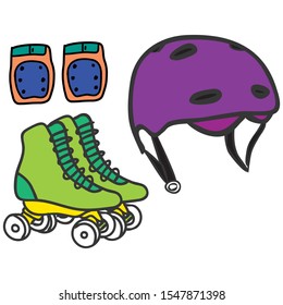 Retro rollers and accessories. Street activity elements. Icon set with knee pads and helmet. Protection. Colorful vector isolated on white background. 
