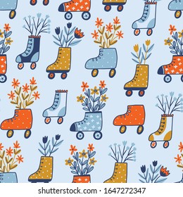 Retro rollers with floral bouquets. Vector seamless pattern in hand-drawn style. Cute floral colorful fabric design for kids. Spring background.