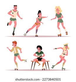 Retro rollers. Male and female skaters in action poses exact vector cartoon characters