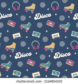 retro rollers skates cassette headphones disco groovy funky seamless pattern on dark blue background
