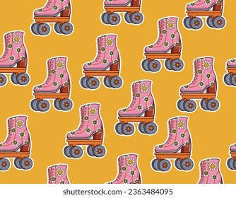 Retro rollers skates cassette headphones disco groovy funky seamless pattern Design for fashion , fabric, textile, wallpaper , wrapping and all prints 