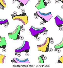 Retro roller-skates seamless pattern. Hand drawn roller skates sketch illustration. 80s, 90s design for banner, poster, wrapping paper