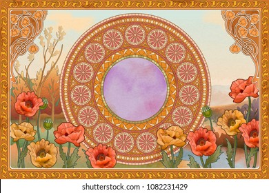 Retro and romantic background with mosaic art, poppy flower and floral frame elements