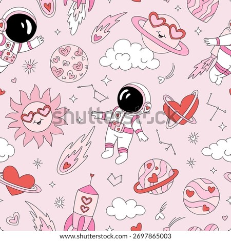 Retro Romantic Cosmic Outer Space Astronaut Love Planets Seamless Pattern, Valentine Galaxy Background for Textile and Wrapping Paper