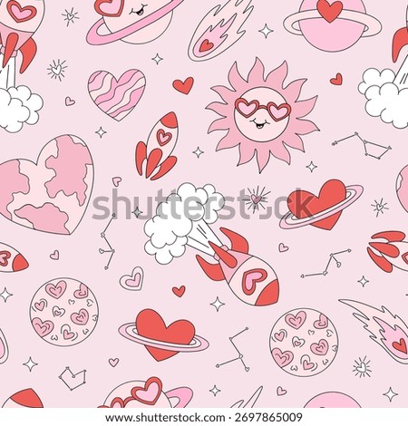 Retro Romantic Cosmic Outer Space Rocket Love Sun Planets Seamless Pattern, Valentine Galaxy Background for Textile and Wrapping Paper