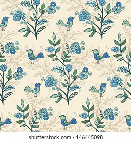 Retro romantic floral background with flowers and birds.