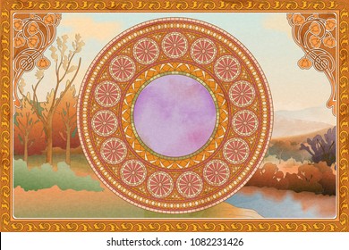 Retro and romantic frame and background with mosaic art on nature scenery