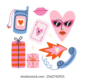 Retro and romantic items heart-shaped glasses, gifts, lips, phone, card, and more. Perfect for stickers, design, or digital projects. Colorful vector illustration set isolated on white background