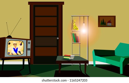 retro room interior in the evening in the style of the 60's