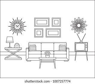 Retro room interior in flat design. Living room in line art. Linear vintage illustration. Vector graphics. Thin line home space with sofa, TV. House equipment 60s. Outline sketch with furniture 70s. 