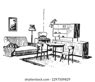 Retro room interior hand drawn ink illustration. Sketch vector drawing.
