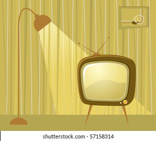 Retro room and TV. Vector interior.