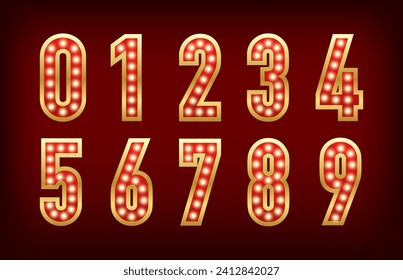 Retro rooms with lamps. Glowing numbers. Retro light sign. Vintage style banner. Broadway show retro glowing font. Vector illustration