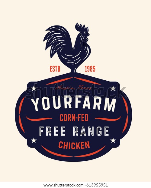 レトロな鶏のバッジ フリーレンジチキン ビンテージファームの新鮮なエンブレムロゴデザイン ベクターイラスト のベクター画像素材 ロイヤリティフリー