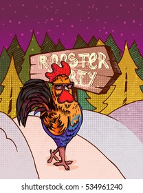 Retro rooster, sign with hand drawn rooster crowing in the forest, vector,Hand Drawn. Design for poster, card, invitation, placard, brochure, flyer. templates