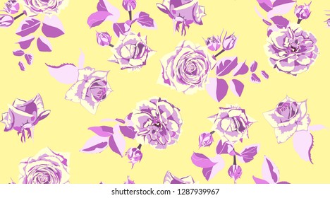 Retro Rose Pattern for Print, Fabric. Flowers Seamless Vintage Background. Rose Pattern. Watercolor Style. Rustic Wedding Decorative Floral Elements. Hand Drawing Spring or Summer Roses with Leaves.
