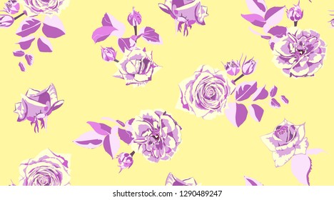 Retro Rose Pattern for Print, Fabric. Flowers Seamless Vintage Background. Rose Pattern. Watercolor Style. Rustic Wedding Decorative Floral Elements. Hand Drawing Spring or Summer Roses with Leaves.