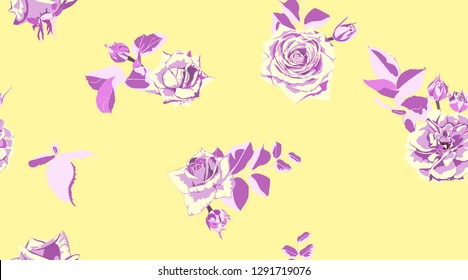 Retro Rose Pattern for Print, Fabric. Flowers Seamless Vintage Background. Rose Pattern. Watercolor Style. Rustic Wedding Decorative Floral Elements. Hand Drawing Spring or Summer Roses with Leaves.