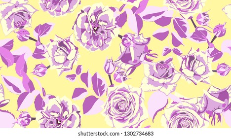 Retro Rose Pattern for Print, Fabric. Flowers Seamless Vintage Background. Rose Pattern. Watercolor Style. Rustic Wedding Decorative Floral Elements. Hand Drawing Spring or Summer Roses with Leaves.