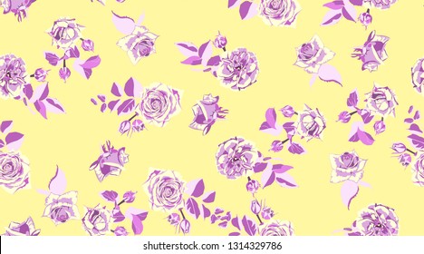 Retro Rose Pattern for Print, Fabric. Flowers Seamless Vintage Background. Rose Pattern. Watercolor Style. Rustic Wedding Decorative Floral Elements. Hand Drawing Spring or Summer Roses with Leaves.