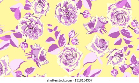 Retro Rose Pattern for Print, Fabric. Flowers Seamless Vintage Background. Rose Pattern. Watercolor Style. Rustic Wedding Decorative Floral Elements. Hand Drawing Spring or Summer Roses with Leaves.