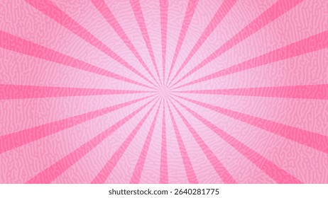 Retro rose pink sun rays on halftone bg. Pop art comic cartoon background. Vintage sunburst effect. Vector illustration. EPS 10.