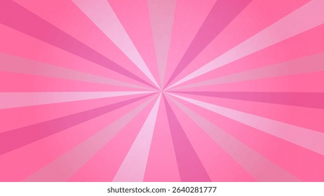 Retro rose pink sun rays on halftone bg. Pop art comic cartoon background. Vintage sunburst effect. Vector illustration. EPS 10.